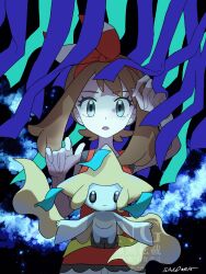  1girl :o absurdres artist_name bow bow_hairband brown_hair commentary_request eyelashes grey_eyes hair_bow hairband highres jirachi looking_at_viewer may_(pokemon) open_mouth pokemon pokemon_(creature) pokemon_omega_ruby_and_alpha_sapphire red_bow red_hairband red_shirt sandora_(karugamo_no_e) shirt sleeveless sleeveless_shirt solo watermark 