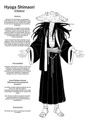  1boy bandaged_arm bandaged_foot bandages bracelet character_profile commentary_request cross_scar full_body hakama hat hat_over_eyes highres horned_hat japanese_clothes jewelry long_hair male_focus monochrome naruto_(series) open_hands original ronin scar scar_on_chest solo spanish_commentary spanish_text straw_hat sword translation_request weapon wide_sleeves yokigeru 