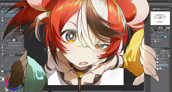  1girl ? absurdres animal_ears art_program_in_frame asymmetrical_sleeves black_hair blue_eyes bright_pupils clip_studio_paint collar commentary crossed_bangs detached_sleeves english_commentary english_text fang fourth_wall green_sleeves hair_between_eyes hakos_baelz hakos_baelz_(1st_costume) highres hololive hololive_english insfidelie looking_at_viewer mismatched_sleeves mouse_ears mouse_girl multicolored_hair open_clothes raised_eyebrow red_hair solo spiked_collar spikes streaked_hair uneven_eyes virtual_youtuber white_hair white_pupils yellow_sleeves 