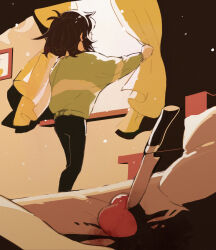  1other bed bedroom black_pants brown_hair corogarucoromo curtains deltarune facing_away green_sweater heart highres indoors kitchen_knife knife kris_(deltarune) other_focus pants pillow short_hair solo soul_(character)_(deltarune) stab standing sweater utdr_(toby_fox) window 