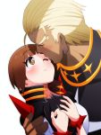  1boy 1girl blonde_hair blush bracelet brown_eyes brown_hair cape carrying closed_eyes earrings eyebrows eyebrows_visible_through_hair forehead_kiss gamagoori_ira he_pu_pu hetero jewelry kill_la_kill kiss looking_at_another mankanshoku_mako one_eye_closed school_uniform short_hair size_difference spiked_bracelet spikes tears white_background 