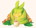  10s closed_eyes coffee coffee_mug grey_background leaf no_humans pokemon pokemon_(game) pokemon_bw sang_(bloodredbites) simple_background solo swadloon 