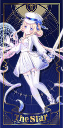  blonde_hair blue_eyes blue_gem blush call_of_cthulhu commentary_request double_bun gem godarca hair_bun hair_ornament hat holding holding_sword holding_weapon long_hair loveyou_lyrica magic_circle night pleated_skirt shoes skirt sky smile star_(sky) starry_sky sword tarot the_star_(tarot) thigh-highs twintails weapon white_thighhighs 