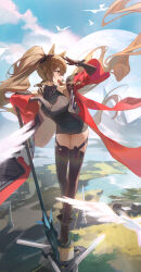 1girl absurdres alohayuja angelina_(arknights) animal_ears arknights arknights:_endfield bare_shoulders bird black_boots black_dress black_gloves black_thighhighs boots breasts brown_hair coat dress fox_ears fox_girl gilberta_(arknights) gloves high_collar highres infection_monitor_(arknights) large_breasts long_hair open_clothes open_coat open_mouth orange_eyes outdoors profile red_coat sky solo thigh-highs twintails white_bird 