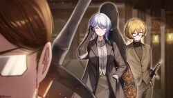  1girl 2boys absurdres blonde_hair blue_eyes bookshelf breasts brown_coat brown_hair brown_jacket brown_shirt brown_skirt brown_suit buttons closed_mouth coat collared_shirt commentary dawn_office_(identity)_(project_moon) double-parted_bangs dress_shirt english_commentary faust_(project_moon) glasses gregor_(project_moon) hair_between_eyes hand_in_own_hair hand_in_pocket highres indoors instrument_case instrument_case_on_back jacket large_breasts library light_particles limbus_company mechanical_arms multiple_boys opaque_glasses project_moon semi-rimless_eyewear sheath sheathed shirt short_hair sidelocks sinclair_(project_moon) skirt suit suit_jacket sword sword_on_back turtleneck wall_lamp weapon weapon_on_back white_hair white_shirt yellow_eyes zerobig 