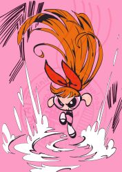  1girl absurdly_long_hair blossom_(ppg) bow child closed_mouth commentary_request dress dust floating_hair flying full_body hair_bow highres ikemen_san long_hair orange_hair pink_background pink_dress pink_eyes powerpuff_girls red_bow smile solo v-shaped_eyes very_long_hair watermark 