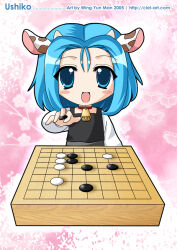  1girl animal_ears bell blue_eyes blue_hair board_game bob_cut chibi chibi_only collar commentary commission cow_ears cow_horns cowbell english_commentary go_(board_game) hand_up holding_go_stone horns long_sleeves looking_at_viewer medium_hair neck_bell official_art open_mouth outline pink_background promotional_art red_collar small_horns smile solo upper_body ushicon ushiko_(ushicon) white_outline wing_yun_man 