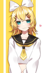  1girl :3 aqua_eyes black_sailor_collar blonde_hair bow breasts hair_bow hair_ornament hairclip heart heart_hair_ornament kagamine_rin long_sleeves navel neckerchief parallel_hairclips sailor_collar shirt short_hair small_breasts soramame_pikuto vocaloid white_bow white_shirt yellow_neckerchief yellow_trim 