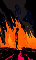  1boy absurdres black_sky burning civilizedyapper commentary cyberpunk:_edgerunners cyberpunk_(series) d_(cyberpunk) embers fire from_side full_body hand_up highres looking_up medium_hair night outstretched_arm partially_colored red_lightning scenery silhouette sky smoke solo spiky_hair windmill 