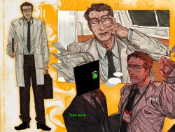  2boys ? ?? backrooms_(2026_movie) backrooms_(creepypasta) bag black_eyes black_jacket black_necktie black_pants black_shoes blue_shirt brown_jacket character_name collared_shirt colored_sclera commentary covered_face green_sclera hair_behind_ear hand_on_own_face highres holding holding_bag id_card ivan_beck jacket looking_at_viewer looking_down male_focus multiple_boys multiple_views necktie pants phil_(backrooms) red_eyes shirt shirt_tucked_in shoes white_shirt wide-eyed yesha 