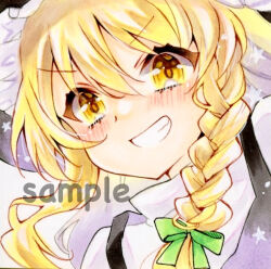  1girl asebi black_hat black_vest blonde_hair blush bow braid commentary_request green_bow grin hair_between_eyes hair_bow hat highres kirisame_marisa long_hair looking_at_viewer portrait sample_watermark side_braid single_braid smile solo touhou traditional_media vest watermark yellow_eyes 