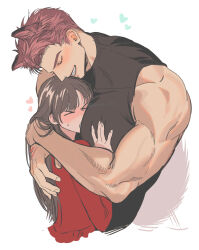  >_< 1boy 1girl animal_ears between_pectorals blush brown_hair closed_eyes commentary_request covered_pectorals cropped_torso grin head_between_pecs heart hetero highres hug long_hair love_and_deepspace mo_mo_ocha muscular muscular_male pectorals protagonist_(love_and_deepspace) red_hair short_hair sleeveless sleeveless_turtleneck smile turtleneck twitter_username upper_body valko_(love_and_deepspace) white_background wolf_boy wolf_ears 