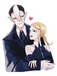 1boy 1girl alex_tiamat artist_name arystar_krory bare_shoulders black_hair blonde_hair blue_coat blue_dress blue_neckerchief blue_sleeves breasts coat collarbone collared_coat collared_dress collared_shirt couple d.gray-man detached_sleeves dress dress_shirt eliade front_zipper gloves grey_eyes hair_between_eyes hair_ornament hair_over_shoulder hair_ribbon hairclip hand_on_another's_arm heart hug hug_from_behind large_breasts light_smile lips lipstick long_hair long_sleeves looking_at_another low_ponytail makeup medium_hair multicolored_hair neckerchief pointy_ears ponytail purple_ribbon red_eyes red_lips ribbon shirt sidelocks signature simple_background single_glove single_sidelock sleeveless sleeveless_dress smile two-tone_hair upper_body white_background white_gloves white_hair white_shirt zipper 