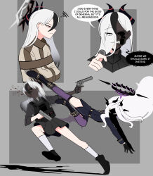  absurdres batman_(series) black_hair black_horns blue_archive coin commentary cosplay dc_comics demon_girl demon_horns demon_wings english_commentary english_text grey_halo halo highres hina_(blue_archive) horns kayoko_(blue_archive) long_hair mask multicolored_hair non_de_burk original_terror_(blue_archive) red_eyes straitjacket two-face two-face_(cosplay) two-tone_hair white_hair wings 
