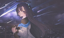  1girl absurdres black_gloves black_halo blue_archive city_lights gloves hair_between_eyes halo highres holding_hands jacket jacket_partially_removed lan001 long_hair looking_at_viewer mechanical_halo night pov pov_hands purple_hair shooting_star sky two-sided_fabric two-sided_jacket upper_body violet_eyes white_jacket yuuka_(blue_archive) 