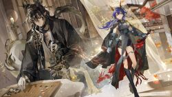  1boy 1girl arknights black_boots black_eyes black_hair black_shorts blue_hair board_game boots candle ch'en_(arknights) ch'en_the_dawnstreak_(arknights) chi_xiao_(arknights) closed_mouth copyright_notice detached_sleeves dragon_boy dragon_girl dragon_horns dragon_tail eastern_dragon_horns eastern_dragon_tail fingerless_gloves gloves go_(board_game) hair_between_eyes heterochromia highres holding holding_sword holding_weapon horns long_hair multicolored_hair official_art pointy_ears red_eyes shorts streaked_hair sword tail two-tone_hair very_long_tail wang_(arknights) weapon white_hair white_hands yellow_eyes 