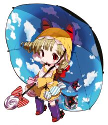  1girl blonde_hair blush boots bow cloud_print curly_hair frilled_skirt frills hat highres holding holding_umbrella magical_girl mahou_shoujo_ikusei_keikaku mahou_shoujo_ikusei_keikaku_jokers official_art open_mouth red_eyes short_hair skirt striped_bow third-party_source umbrain umbrella white_background 
