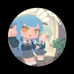  2girls absurdres artist_name bang_dream! bang_dream!_it's_mygo!!!!! ben-day_dots black_ribbon blue_hair blue_shirt blue_skirt blush brown_shoes green_hair grey_neckerchief hair_ribbon hat highres kekego multiple_girls neckerchief open_mouth outdoors parted_bangs paw_pose peephole pov_peephole ribbon sailor_collar school_uniform screentones shirt shoes sidelocks skirt smile socks sparkling_eyes togawa_sakiko tsukinomori_school_uniform wakaba_mutsumi white_sailor_collar white_socks yellow_eyes 