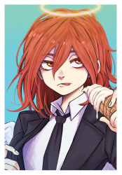  1boy :p absurdres androgynous angel angel_devil_(chainsaw_man) angel_wings aqua_background bazukat_art bishounen black_jacket black_necktie black_suit business_suit chainsaw_man collared_shirt expressionless feathered_wings food formal_clothes glowing glowing_halo gradient_background hair_between_eyes halo highres holding holding_food holding_ice_cream holding_ice_cream_cone ice_cream ice_cream_cone jacket long_hair looking_to_the_side male_focus necktie orange_eyes red_hair shirt simple_background solo suit suit_jacket tongue tongue_out traditional_halo upper_body white_shirt white_wings wings 