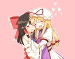  2girls :d =_= ^_^ ascot black_hair blonde_hair blush bow cheek_press closed_eyes detached_sleeves dress hair_bow hair_ribbon hair_tubes hakurei_reimu hat hat_ribbon heart japanese_clothes long_hair long_sleeves miko mob_cap multiple_girls open_mouth pink_background puffy_sleeves ribbon shinoba shirt simple_background skirt skirt_set smile sweatdrop tabard touhou vest white_dress wide_sleeves yakumo_yukari yuri 