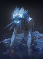  1boy alien_888 antenna_hair belt_pouch blue_hair coat cuisses different_reflection facing_to_the_side grey_background headphones highres hunched_over in_water long_sleeves looking_at_reflection looking_down male_focus night outdoors partially_submerged pouch reflection ripples sheath sheathed spiky_hair water_drop wet wet_clothes white_coat yu-gi-oh! yu-gi-oh!_go_rush!! yudias_velgear 