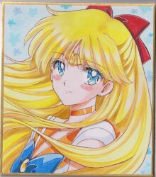  1girl aino_minako bishoujo_senshi_sailor_moon blonde_hair blue_background blue_bow blue_eyes blush bow brooch chikoto_(kztc4472) choker circlet commentary earrings floral_background gem gold_circlet highres jewelry leotard long_hair looking_at_viewer orange_choker orange_sailor_collar photo_(medium) picture_frame portrait red_bow sailor_collar sailor_senshi_uniform sailor_venus short_sleeves simple_background smile solo split_mouth stud_earrings traditional_media white_leotard yellow_gem 