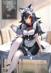  1girl absurdres alternate_costume animal_ear_fluff animal_ears apron black_hair black_shoes blue_eyes bow breasts candle chair closed_mouth feet_out_of_frame fox_ears fox_girl gary_huang hair_between_eyes hair_bow hair_ornament highres hololive long_hair looking_at_viewer maid maid_apron maid_headdress medium_breasts mona_lisa ookami_mio red_hair shirakami_fubuki shoes sitting smile table tail thigh-highs upper_body white_bow white_hair white_thighhighs wolf_ears wolf_girl wolf_tail yellow_eyes 