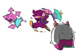  1boy 1girl axe buckle collar colored_skin deltarune from_behind goat_boy hair_over_eyes heart heart-shaped_buckle highres holding holding_axe official_art pink_hair pink_scarf pink_skin ralsei reptile_girl scarf sleeveless sleeveless_jacket sparkle spiked_collar spikes susie_(dark_world)_(deltarune) susie_(deltarune) temmie_chang utdr_(toby_fox) virovirokun 
