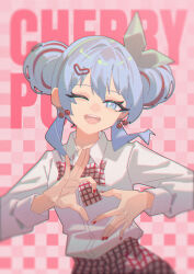 1girl alternate_hairstyle aqua_eyes aqua_hair aqua_ribbon bow bowtie cherry_earrings cherry_pop_(vocaloid) collared_shirt double_bun earrings egh_(ssquan) food-themed_earrings four-finger_heart_hands hair_bun hair_ornament hatsune_miku heart heart_hair_ornament heart_hands highres jewelry looking_at_viewer multicolored_hair one_eye_closed open_mouth pink_background plaid_background plaid_bow plaid_bowtie plaid_clothes plaid_skirt red_nails ribbon shirt sidelocks skirt solo song_name two-tone_hair vocaloid white_shirt 