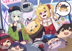  2girls alternate_costume arcade beret black_dress blonde_hair blush character_doll cirno collared_shirt commentary_request contemporary crane_game doll dress drinking drinking_straw drinking_straw_in_mouth flandre_scarlet green_eyes green_hair green_hat hakurei_reimu hat hecatia_lapislazuli highres kanpa_(campagne_9) kirisame_marisa komeiji_koishi long_hair matara_okina medium_hair multiple_girls neck_ribbon open_mouth pointy_ears red_vest remilia_scarlet ribbon saigyouji_yuyuko shameimaru_aya shirt smile speech_bubble stuffed_toy sukuna_shinmyoumaru teeth thought_bubble touhou upper_teeth_only vest white_shirt yellow_ribbon yukkuri_shiteitte_ne 