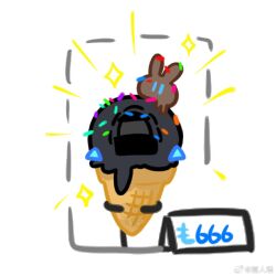  1girl 1other ambiguous_gender amiya_(arknights) animal_ears arknights chinese_commentary commentary_request doctor_(arknights) food foodification hua_ren_nan ice_cream ice_cream_cone lungmen_dollar rabbit_ears white_background 