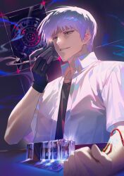  1boy absurdres akagi:_yami_ni_oritatta_tensai akagi_shigeru arm_on_table black_gloves black_shirt cigarette clenched_hand collared_shirt commentary_request fern_(bhbtr) from_below fukumoto_mahjong gloves grin hand_up highres holding holding_cigarette intravenous_drip looking_ahead mahjong mahjong_table mahjong_tile male_focus open_clothes open_shirt red_eyes sanpaku shirt shirt_under_shirt short_hair short_sleeves single_glove smile smoke smoke_trail smoking solo table undershirt upper_body veins veiny_arms washizu_mahjong white_hair white_shirt 