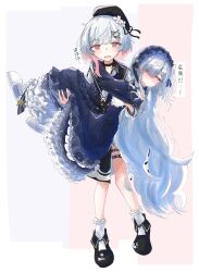  2girls bare_shoulders beret black_choker black_coat black_hat black_ribbon black_shoes blue_dress blue_hairband blush bow carrying choker coat collared_coat dress dress_bow flower flower-trimmed_shorts frilled_dress frilled_hairband frilled_sleeves frilled_socks frills full_body gothic_lolita gradient_hair hair_flower hair_ornament hair_over_one_eye hair_ribbon hairband hat hat_flower hat_ribbon highres lolita_fashion lolita_hairband long_hair long_sleeves mahou_shoujo_no_majo_saiban mecha_kashikoi multicolored_hair multiple_girls natsume_an-an neck_ribbon o-ring o-ring_thigh_strap off-shoulder_dress off_shoulder pants pink_eyes pink_hair polka_dot polka_dot_bow princess_carry ribbon sakuraba_ema shirt shoes short_hair shorts sleeve_bow sleeveless sleeveless_coat sleeves_past_fingers sleeves_past_wrists slippers socks thigh_strap translation_request violet_eyes white_flower white_hair white_pants white_ribbon white_shirt white_shorts white_sleeves white_slippers white_socks wide_sleeves x_hair_ornament yuri 