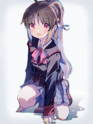  1girl ahoge akayama_yukihe bell black_jacket black_socks blush bow bowtie brown_hair brown_shoes chromatic_aberration collared_shirt commentary cross-laced_shoes eyes_visible_through_hair fang full_body grey_skirt hair_bell hair_between_eyes hair_ornament hair_ribbon highres jacket jingle_bell kneehighs little_busters! little_busters!_school_uniform long_hair long_sleeves looking_at_viewer miniskirt natsume_rin on_one_knee open_mouth pink_bow pink_bowtie plaid_clothes plaid_skirt pleated_skirt ponytail red_eyes ribbon school_uniform shadow shirt shoes sidelighting sidelocks simple_background skin_fang skirt sleeves_past_wrists sneakers socks solo tareme very_long_hair white_background white_ribbon white_shirt 