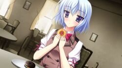  1girl aqua_hair blue_eyes bow bowtie brown_vest buttons chair curtains day desk double-breasted doughnut dutch_angle expressionless food frills holding holding_donut holding_food indoors kimishima_ao lapels looking_at_food non-web_source novem_(shion_no_ketsuzoku) picture_frame plant plate potted_plant puffy_sleeves red_bow red_bowtie shion_no_ketsuzoku shirt short_hair short_sleeves sitting vest window 