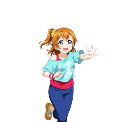  1girl anime_coloring aqua_shirt arm_up blue_eyes blue_pants blush breasts clothes_writing collarbone dot_nose foot_out_of_frame hair_ornament hair_scrunchie hand_up kosaka_honoka kosaka_honoka_(summer_training_wear) looking_ahead love_live! love_live!_school_idol_festival love_live!_school_idol_project medium_breasts medium_hair off-shoulder_shirt off_shoulder official_art one_side_up open_hand open_mouth orange_hair orange_shoes outstretched_arm palms pants raised_inner_eyebrows reaching red_tank_top running scrunchie shirt shoes short_sleeves solo spread_fingers t-shirt tank_top transparent_background wristband yellow_scrunchie 