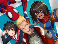  2boys 2girls bakutendogeza black_hair blonde_hair blue_eyes brown_eyes commentary_request eye_mask jacket kamala_khan marvel marvel_tokon:_fighting_souls mask multiple_boys multiple_girls multiple_persona peni_parker posing selfie spider-man star-lord superhero_costume 