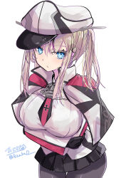  1girl absurdres black_gloves black_pantyhose blonde_hair blue_eyes blush breasts capelet celtic_knot cowboy_shot cross gloves graf_zeppelin_(kancolle) hair_between_eyes hat highres hizaka iron_cross kantai_collection knot_print large_breasts long_hair long_sleeves looking_at_viewer military military_hat military_uniform one-hour_drawing_challenge open_mouth pantyhose peaked_cap sidelocks solo twintails white_background 