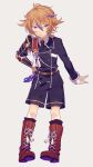  1boy armor boots brown_eyes brown_hair cross-laced_footwear gotou_toushirou hand_on_hip heiwa_(murasiho) highres japanese_armor lace-up_boots male_focus military military_uniform necktie pigeon-toed shorts sode solo touken_ranbu uniform 