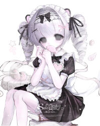 1girl absurdres animal_ears apron black_bow black_bowtie black_dress black_eyes book book_stack bow bowtie cat_ears collared_dress commission dress drill_hair eating fake_animal_ears feet_out_of_frame food fruit grey_hair hair_intakes hair_ornament hair_ribbon hairband hands_up highres maid_headdress medium_hair mihuashi_commission original puffy_short_sleeves puffy_sleeves ribbon short_dress short_sleeves simple_background sitting solo strawberry tearing_up too_many_watermarks twin_drills watermark white_apron white_background white_hairband x_hair_ornament xiao_dan_huang_jia_dao 
