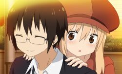  1boy 1girl :o black-framed_eyewear black_hair black_jacket blonde_hair blush brother_and_sister brown_eyes closed_eyes closed_mouth collared_shirt doma_taihei doma_umaru game_asset glasses hands_on_another's_shoulders hat himouto!_umaru-chan himouto!_umaru-chan_himouto_ikusei_keikaku hood hood_down hoodie jacket long_hair looking_at_another newsboy_cap non-web_source official_art open_mouth outdoors portrait red_hat red_hoodie self-datamine semi-rimless_eyewear shirt short_hair siblings smile standing sunset under-rim_eyewear white_shirt 