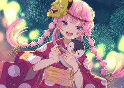  1girl :d aerial_fireworks alternate_costume alternate_hairstyle backlighting blunt_bangs blurry blurry_background braid commentary_request cowboy_shot dutch_angle eyes_visible_through_hair fireworks floating_hair hands_up holding holding_stuffed_toy japanese_clothes kamisama_ni_natta_hi kimono kurotea long_hair long_sleeves looking_at_viewer mask mask_on_head neck_ribbon night oni_mask open_mouth outdoors polka_dot polka_dot_kimono red_kimono ribbon round_teeth sash satou_hina_(kamisama_ni_natta_hi) sidelocks smile solo sparkle stuffed_animal stuffed_penguin stuffed_toy teeth twin_braids twintails upper_teeth_only v-shaped_eyebrows very_long_hair violet_eyes wide_sleeves yellow_ribbon yellow_sash yukata 