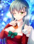 1girl aqua_hair arm_warmers blush breasts christmas_tree_hair_ornament cleavage dress eyebrows_visible_through_hair finger_to_mouth green_eyes izumi_akane kantai_collection large_breasts long_hair looking_at_viewer neckerchief night night_sky one_eye_closed red_dress sack sky smile solo suzuya_(kantai_collection) twitter_username 