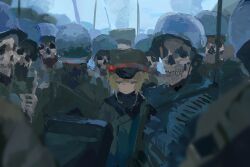 1girl blonde_hair closed_mouth combat_helmet crowd hat helmet highres jacket koukouya long_sleeves military military_hat military_jacket military_uniform peaked_cap short_hair skeleton skull soldier solo tanya_degurechaff youjo_senki 
