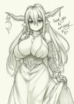  1girl blush breasts cleavage curtsey danua doraf dress elbow_gloves female gloves granblue_fantasy horn_ornament horns jewelry large_breasts long_hair monochrome necklace pas_(paxiti) pointy_ears sagging_breasts solo spaghetti_strap thank_you 