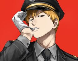  1boy black_suit collared_shirt commentary_request formal_clothes gloves hat highres jacket male_focus mob_psycho_100 necktie orange_hair red_background reigen_arataka shirt simple_background solo spiky_hair suit suit_jacket tatto_(hxfphvwt7f1925) upper_body white_gloves 