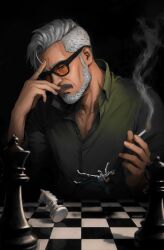  2boys absurdres beard board_game boruto:_two_blue_vortex boruto_(series) chess chess_piece cigarette commentary english_commentary facial_hair falling glasses green_shirt highres holding holding_cigarette hyperaintbad kawaki_(boruto) male_focus mature_male mini_person miniboy multiple_boys mustache naruto_(series) orange-tinted_eyewear sanzu_amado shirt signature smoke smoking tinted_eyewear undercut 