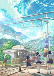  4girls animal backpack bag black_hair black_shoes blue_sky brown_bag building calico_(pattern) calico_cat cat clouds cloudy_sky day highres jikkujiku medium_hair mountain multiple_girls original outdoors overhead_line pink_shoes pleated_skirt railroad_crossing railroad_tracks randoseru salute scenery shoes shoulder_bag skirt sky standing standing_on_one_leg train train_conductor train_station_platform twintails vest 