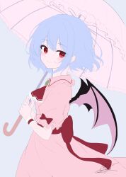  1girl absurdres ascot back_bow bat_wings blue_hair bow closed_mouth commentary_request frilled_wrist_cuffs frills from_side highres holding holding_umbrella hoshikage_syo looking_at_viewer missing_headwear pink_shirt pink_skirt pink_umbrella puffy_short_sleeves puffy_sleeves red_ascot red_bow red_eyes red_wrist_cuffs remilia_day remilia_scarlet shirt short_sleeves signature skirt skirt_set sleeve_bow smile solo touhou umbrella unfinished wings wrist_cuffs 