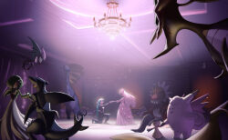  2girls absurdres alternate_costume aurorus black_pants ceiling chandelier clefable commentary_request dragalge dress garchomp gardevoir gloves green_hair highres holding_hands indoors jacinthe_(pokemon) lebanne_(pokemon) long_hair long_sleeves mawile multiple_girls noivern on_one_knee pants pokemon pokemon_(creature) pokemon_legends:_z-a rikimaru_(rek1maru) shoes twintails tyrantrum 